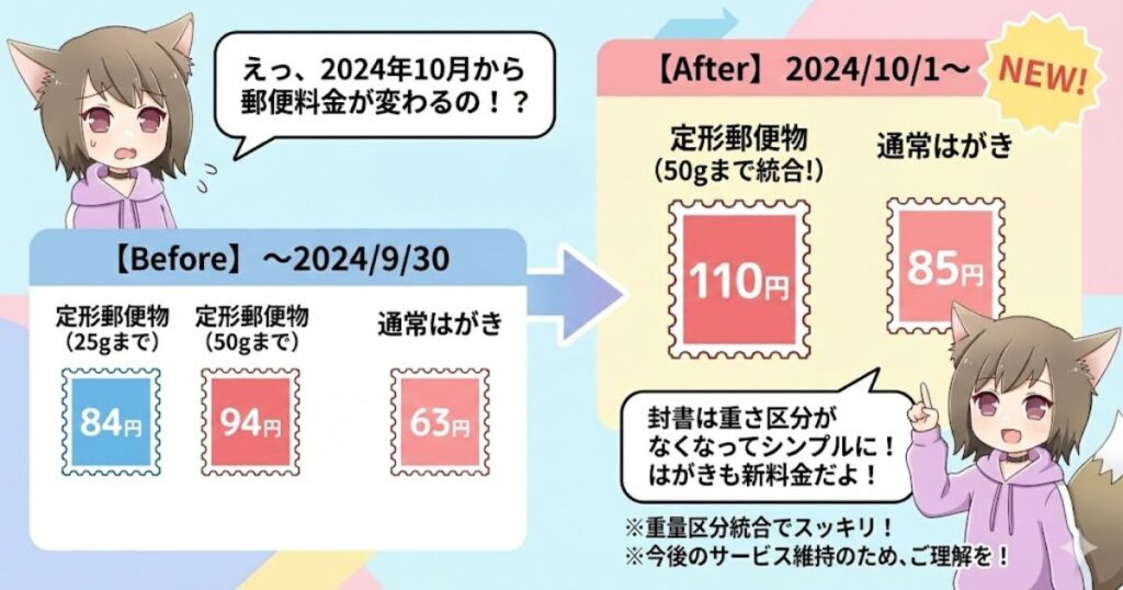 2024年の郵便料金改定で、定形郵便が84円から110円に値上げ