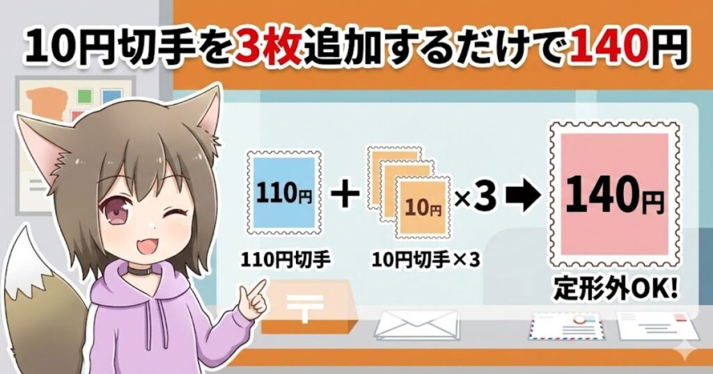 10円切手を3枚追加するだけで140円