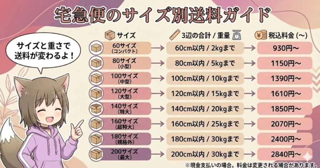 宅急便のサイズ別送料
