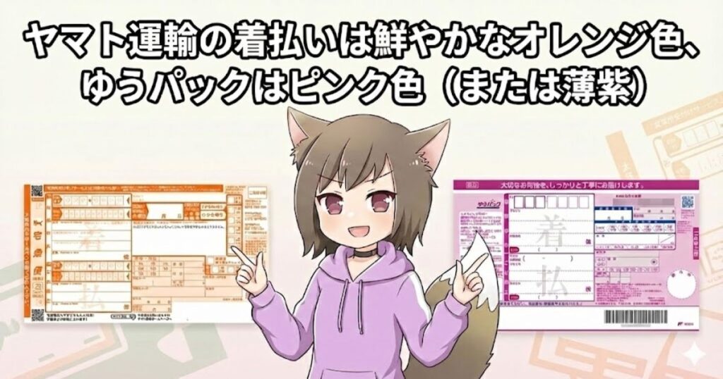 ヤマト運輸の着払いは鮮やかなオレンジ色、ゆうパックはピンク色（または薄紫）
