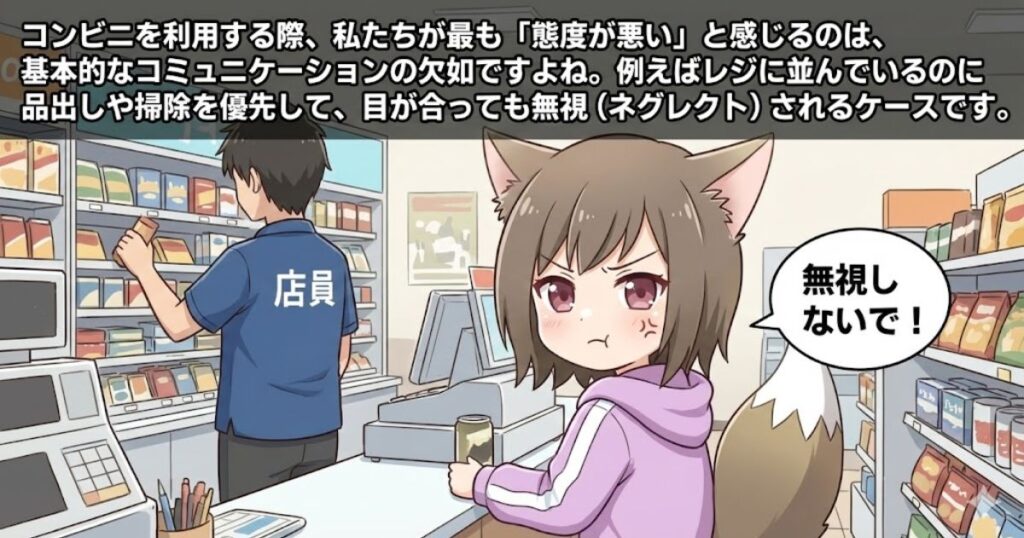 コンビニのレジ前で怒っている女性