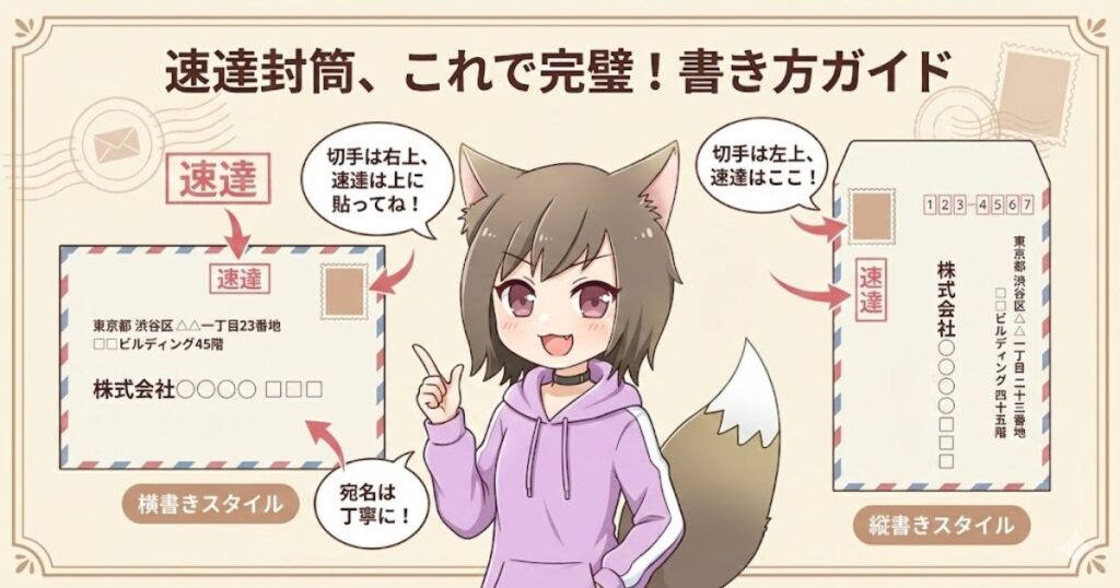 速達は切手の下あたり（縦長封筒なら右上、横長なら右側）に、太めの赤い線を引くのが公式のルール