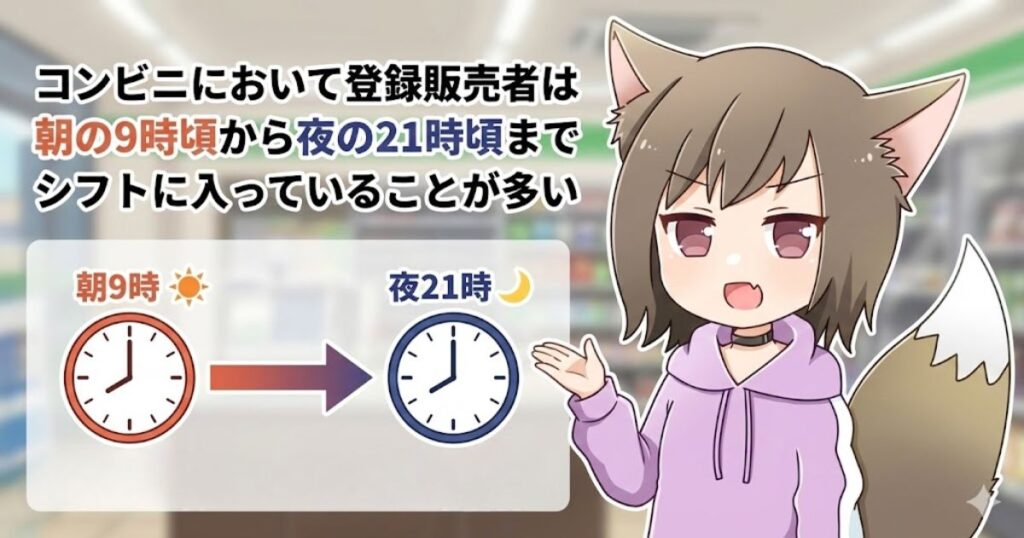 登録販売者さんがいる時間帯だけが「販売OK」の時間。朝の9時頃から夜の21時や22時頃までシフトに入っている