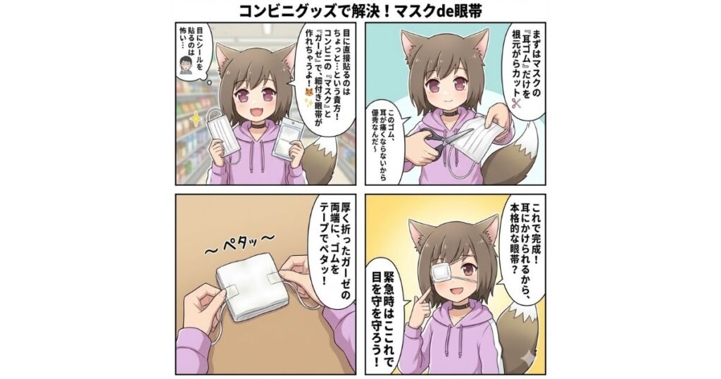 マスクとガーゼを用いた簡単な眼帯の作り方の手順