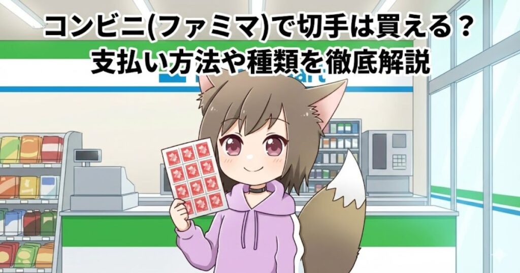 コンビニ（ファミマ）で切手を購入している女性