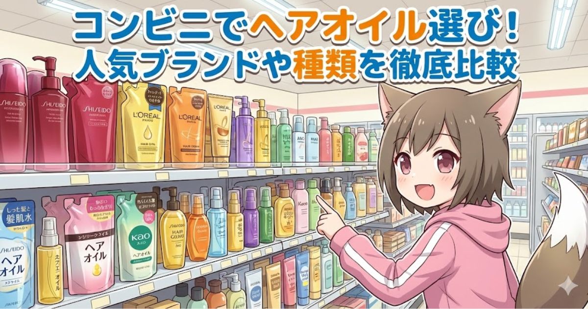コンビニでヘアオイルを選んでいる女性
