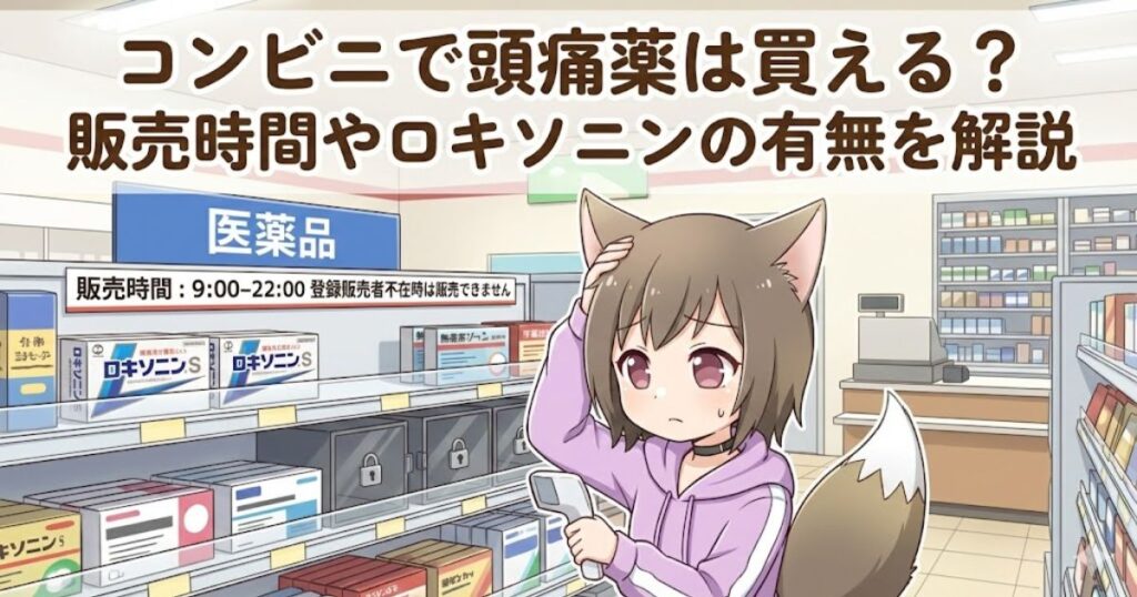 コンビニで頭痛薬を探している女性