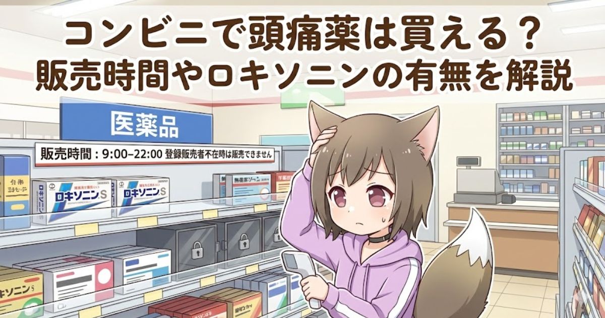 コンビニで頭痛薬を探している女性