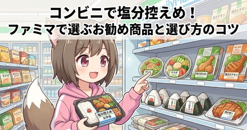 ファミリーマートで塩分低めの商品を探している女性