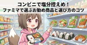 ファミリーマートで塩分低めの商品を探している女性