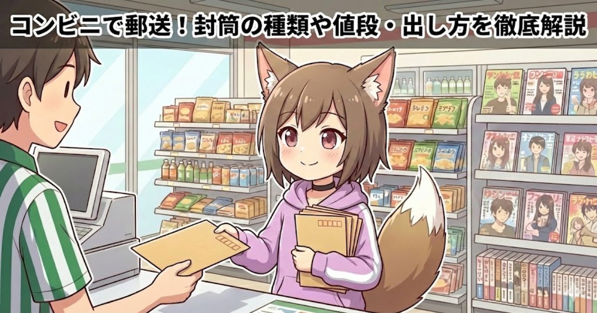 コンビニで郵便の封筒を買っている女性