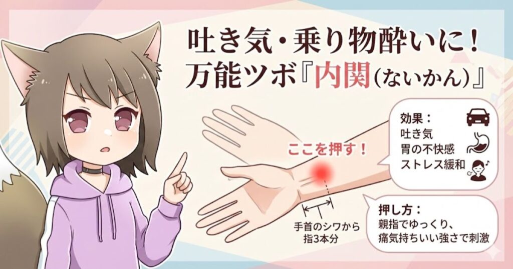 手首にある「内関（ないかん）」というツボを刺激