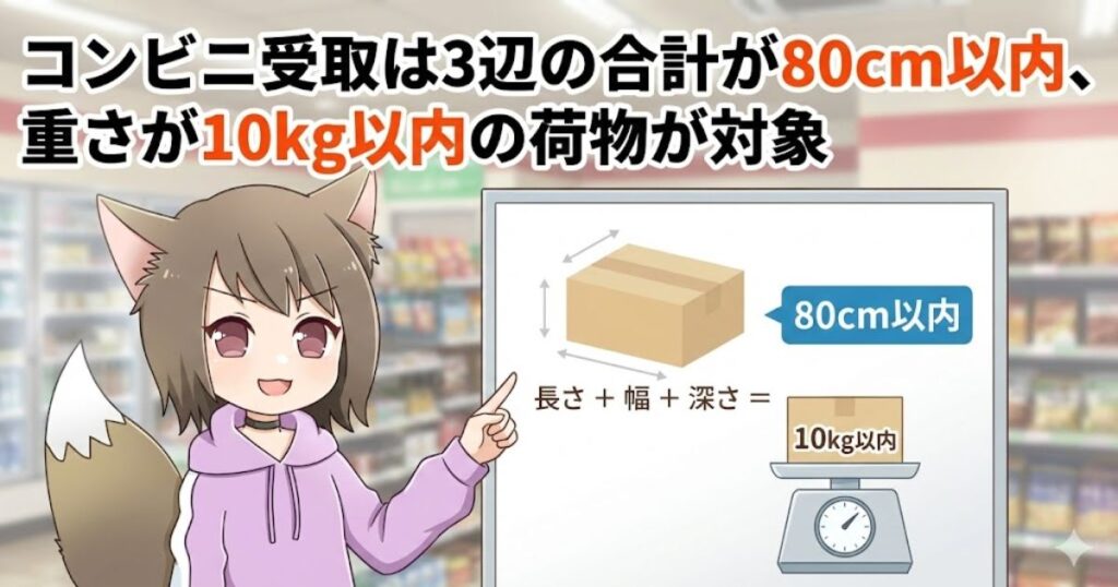 コンビニ受け取りには扱える荷物の大きさに厳しいルールがあります。
基本的には3辺の合計が80cm以内、重さが10kg以内の荷物が対象です。