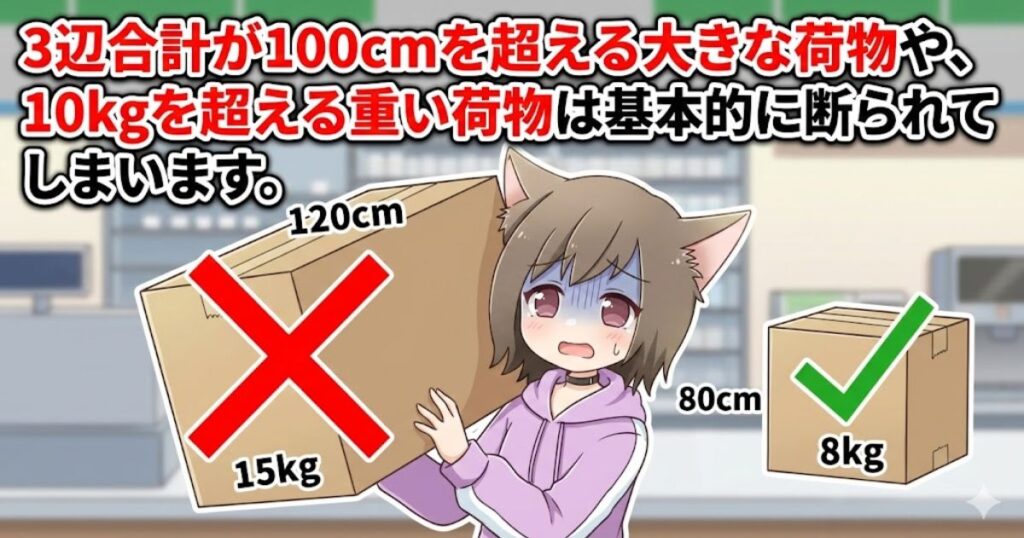 3辺合計が100cmを超える大きな荷物や、10kgを超える重い荷物