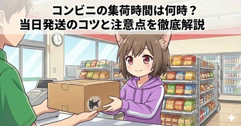 コンビニに宅急便を持ってきている女性