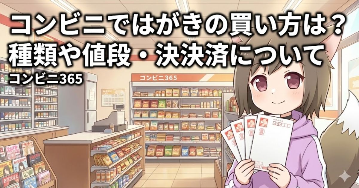 コンビニではがきを持っている女性