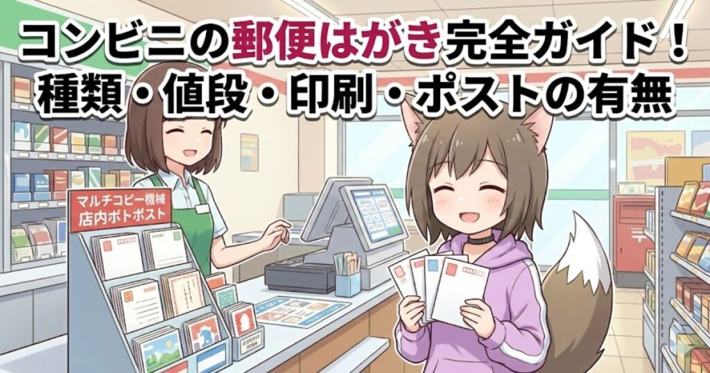 コンビニではがきを買っている女性