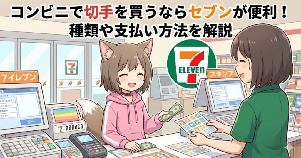 コンビニのセブンイレブンで切手を買っている女性