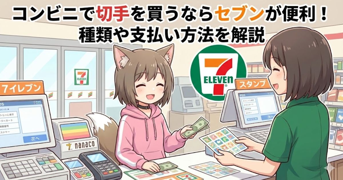 コンビニのセブンイレブンで切手を買っている女性