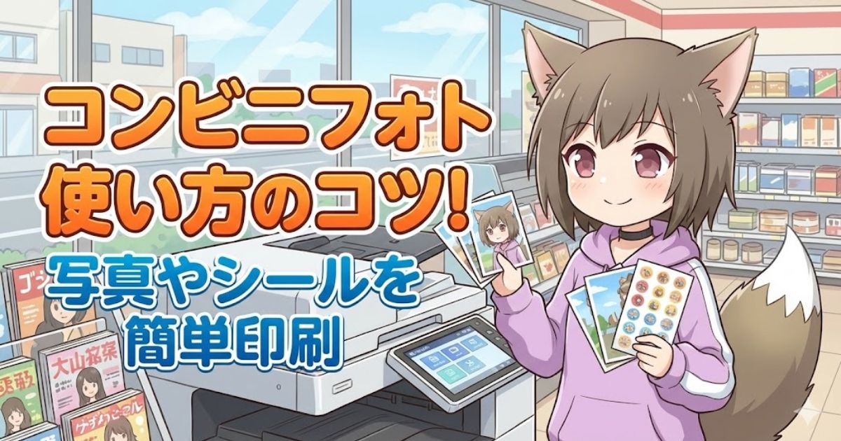 コンビニで印刷したシールと写真を持っている女性