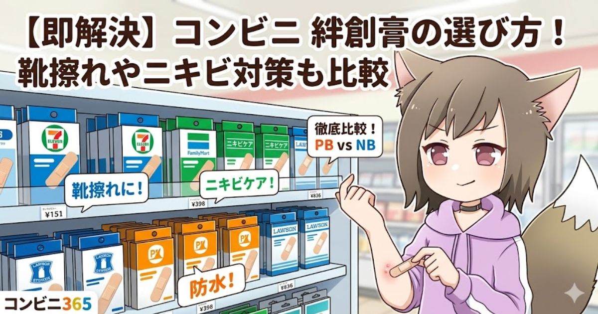 アイキャッチ画像:コンビニの絆創膏棚の前で腕に絆創膏を貼る女の子と「コンビニ絆創膏の選び方」のタイトル文字