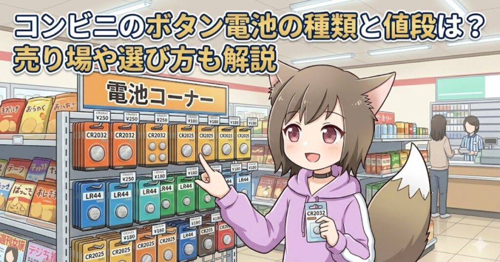 「コンビニのボタン電池の種類と値段は？売り場や選び方も解説」というタイトルと、コンビニの電池コーナーでボタン電池を案内する女の子のイラスト