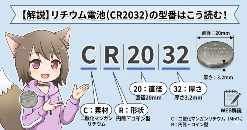 リチウム電池「CR2032」の型番の読み方の解説（Cは素材、Rは形状、20は直径20mm、32は厚さ3.2mm）