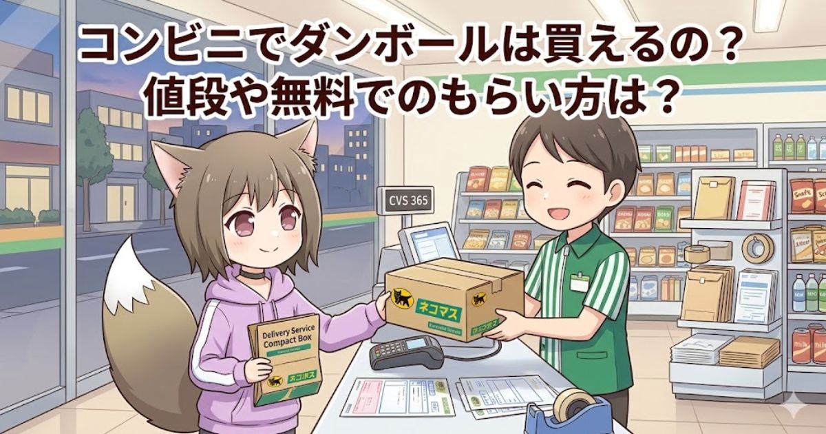 コンビニのレジで店員からダンボール箱を受け取るケモミミの女の子のイラスト