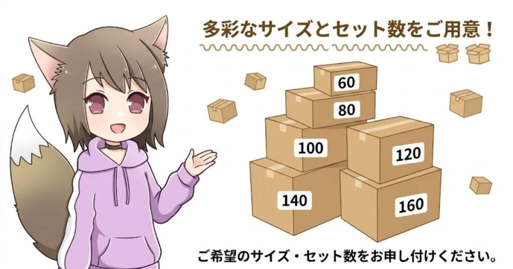 60サイズから160サイズまで積み上げられた様々な大きさのダンボールを案内するケモミミの女の子のイラスト