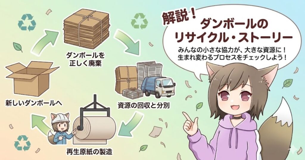 ダンボールの廃棄から分別回収、再生原紙の製造を経て新しいダンボールへ生まれ変わるリサイクル工程の図解