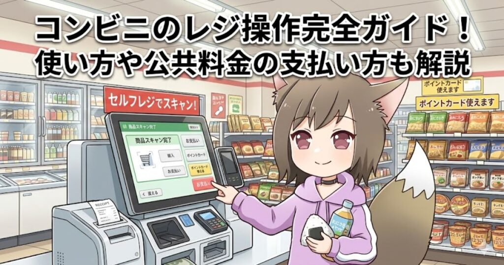 コンビニのセルフレジを操作するケモミミの女の子のイラスト。上部に「コンビニのレジ操作完全ガイド！」という記事タイトルが表示されている。