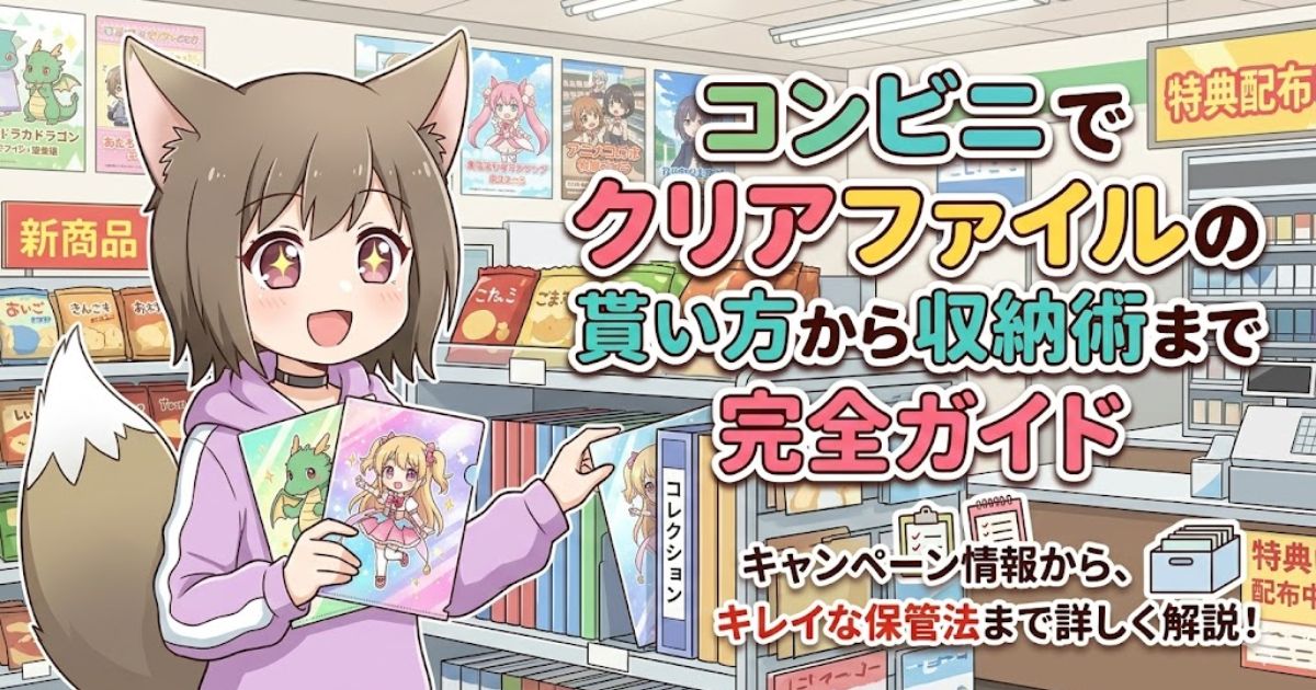 「コンビニでクリアファイルの貰い方から収納術まで完全ガイド」のタイトル文字と、コンビニ店内でクリアファイルを持つ女の子のイラストが描かれたアイキャッチ画像