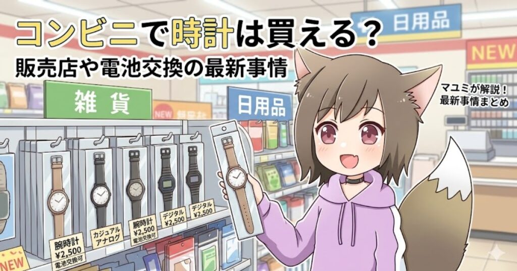 コンビニで時計を選ぶ女性キャラクターと「コンビニで時計は買える？」のタイトルが入ったアイキャッチ画像