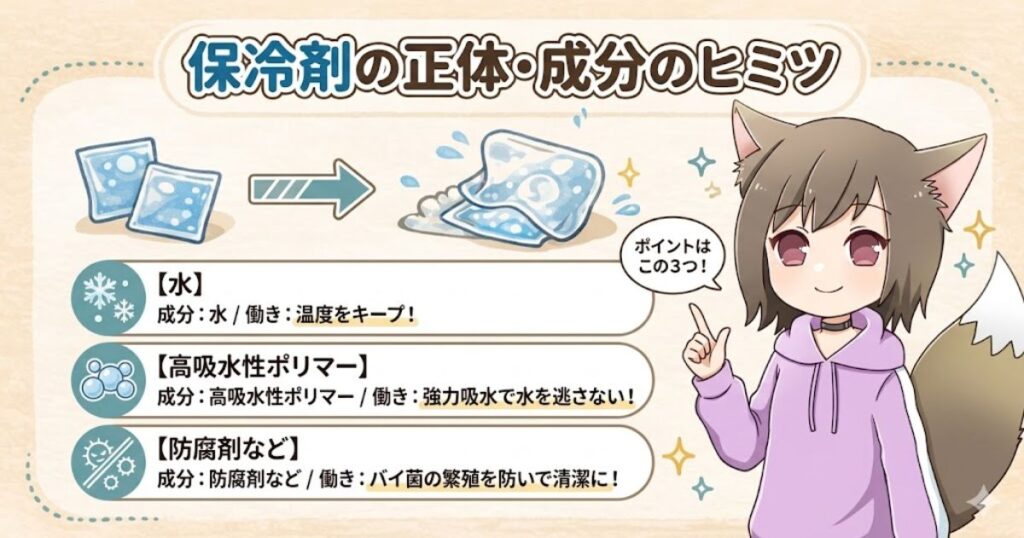 水や高吸水性ポリマーなど、保冷剤の中身の成分や働きを解説するイラスト