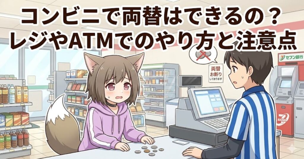 コンビニのレジで店員に両替を断られて困っている女の子のアイキャッチ画像