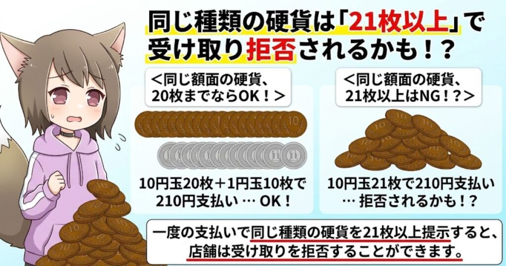 同じ額面の硬貨は21枚以上で受け取り拒否される可能性があることを解説する図解画像