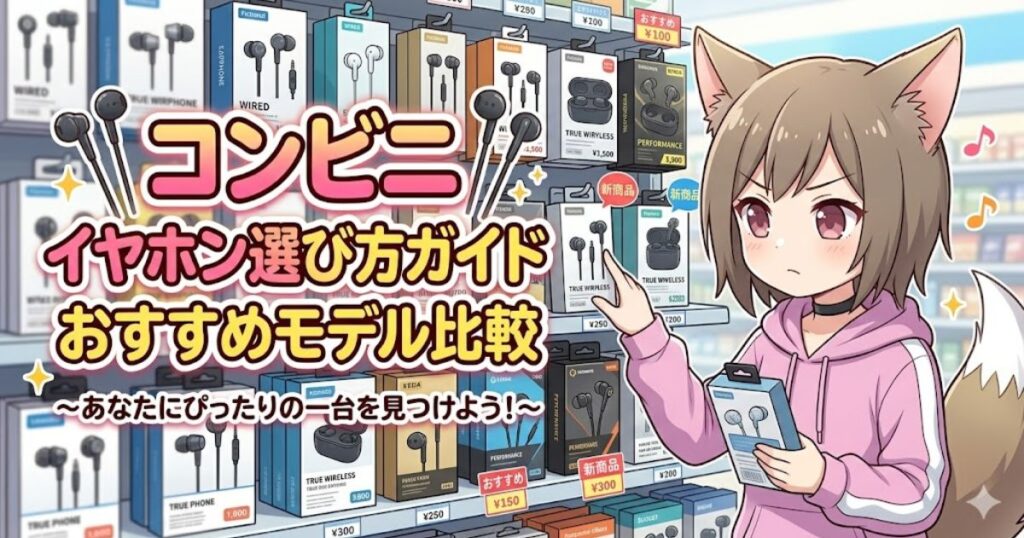 コンビニのイヤホン売り場で商品を選ぶ女の子のイラスト。「コンビニ イヤホン選び方ガイド おすすめモデル比較」のタイトル文字