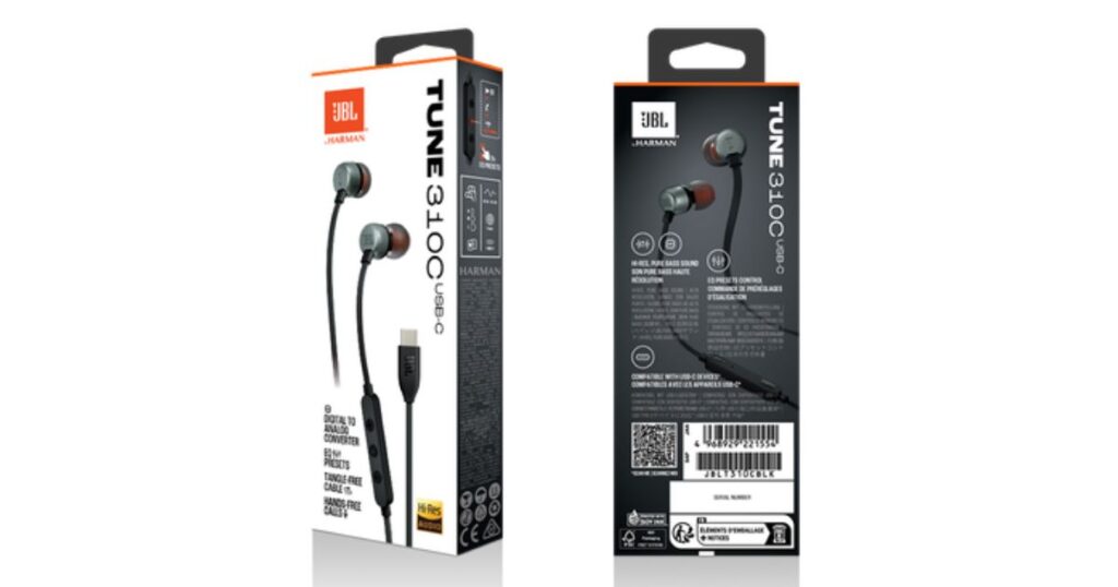 JBLのUSB Type-C接続ハイレゾ対応有線イヤホン「TUNE 310C USB-C」のパッケージ表面と裏面の画像