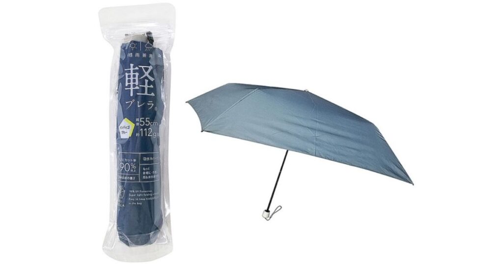 パッケージに入った状態と開いた状態の軽量折りたたみ傘（インディゴブルー）