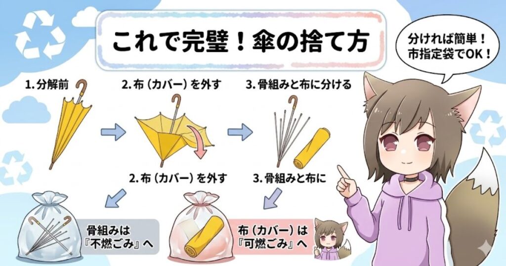 これで完璧！傘の捨て方（骨組みと布に分解して分別する方法）の解説画像