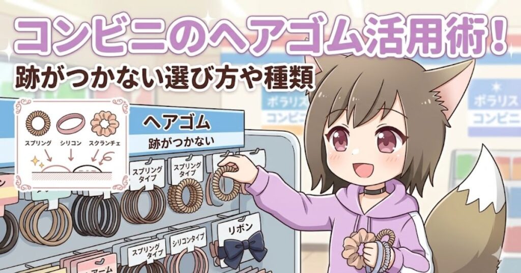 「コンビニのヘアゴム活用術！跡がつかない選び方や種類」というタイトルで、女の子のキャラクターがコンビニのヘアゴム売り場にいるイラスト