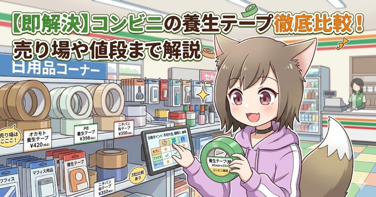 「コンビニの養生テープ徹底比較!売り場や値段まで解説」のアイキャッチ画像:コンビニで緑色の養生テープを手に持つ女性キャラクターのイラスト