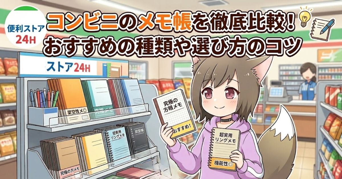 キツネ耳のキャラクターが2冊のメモ帳を手に持ち、コンビニの棚と「コンビニのメモ帳を徹底比較!」というタイトルテキストが書かれた記事のサムネイル画像