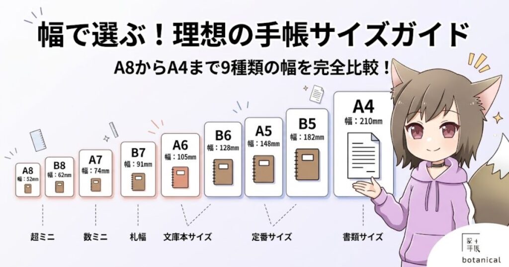 キツネ耳のキャラクターがA8からA4までの9種類の手帳サイズ比較イラストを指し示している、「理想の手帳サイズガイド」の記事サムネイル画像。