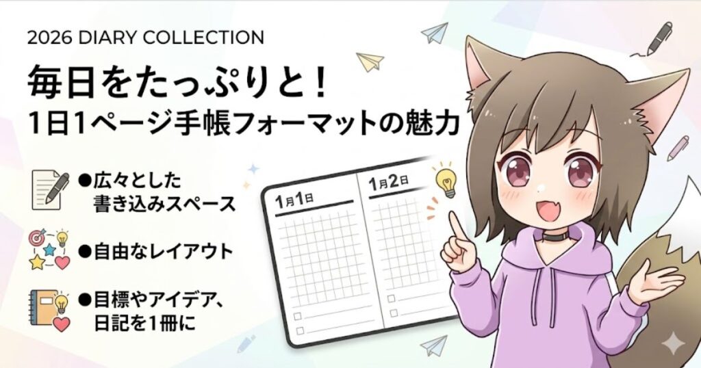 キツネ耳のキャラクターが「毎日をたっぷりと!」というタイトルと共に、見開き1日1ページの「1日1ページ手帳フォーマット」を紹介している記事サムネイル画像。