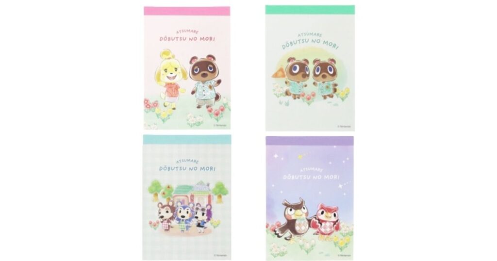 「あつまれ どうぶつの森」のキャラクター(しずえ、たぬきち、まめきち、つぶきち、エイブルシスターズ、フータ、フーコ)が描かれた、4種類のメモ帳の実物写真。