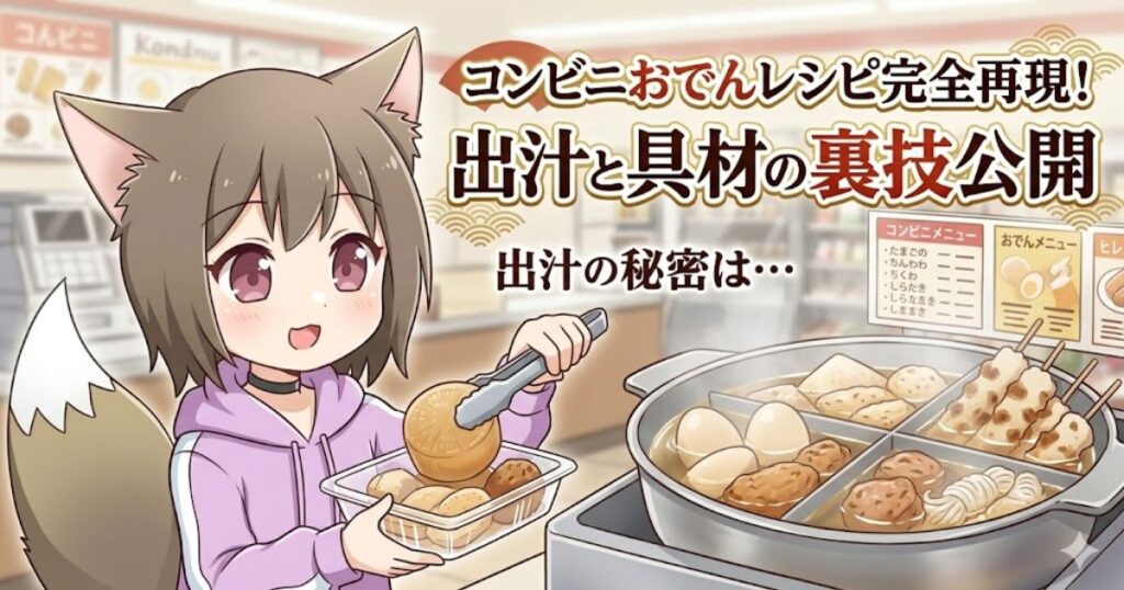 「コンビニおでんレシピ完全再現！出汁と具材の裏技公開」のタイトルと、コンビニでおでんを容器に入れている女の子のイラスト