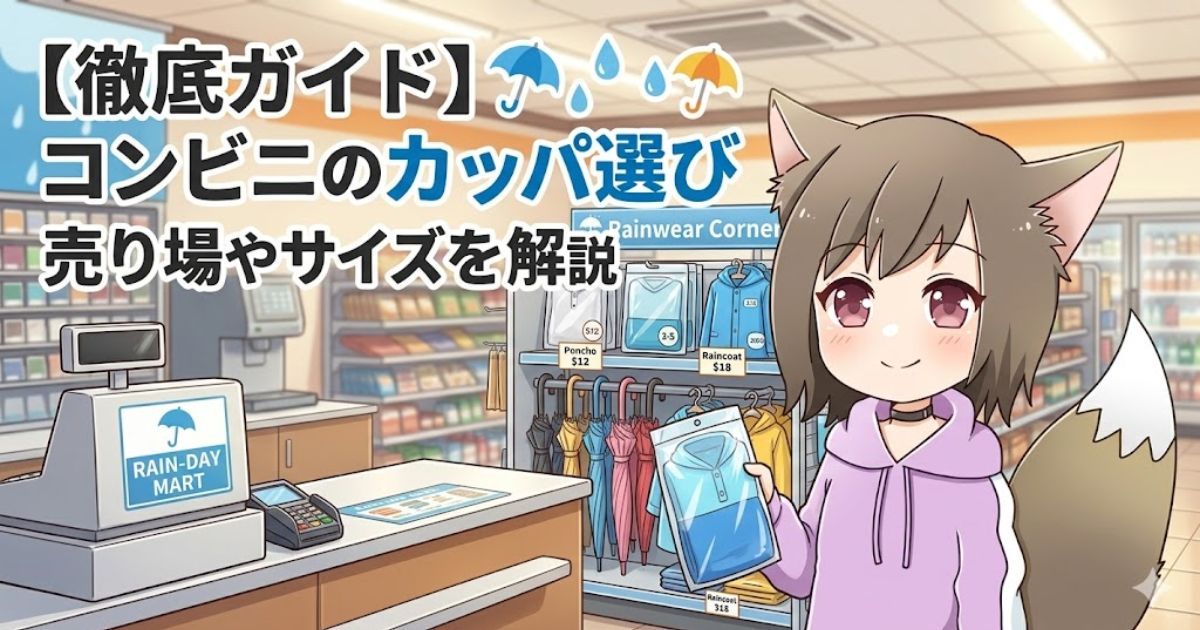 「【徹底ガイド】コンビニのカッパ選び 売り場やサイズを解説」の文字と、コンビニでカッパを手にする女性キャラクターのアイキャッチ画像