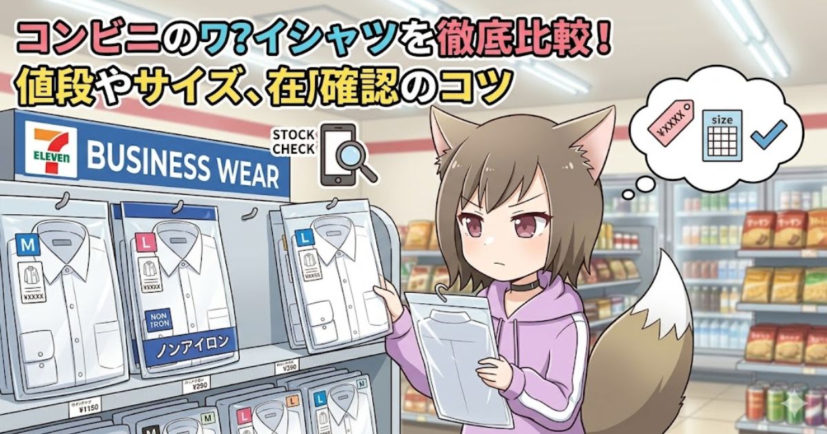 猫耳と狐の尻尾を持つ女性キャラクターが、コンビニのビジネスウェアコーナーでパッケージ入りのワイシャツを比較しているイラスト。上部に「コンビニのワイシャツを徹底比較!値段やサイズ、在庫確認のコツ」のタイトル文字。