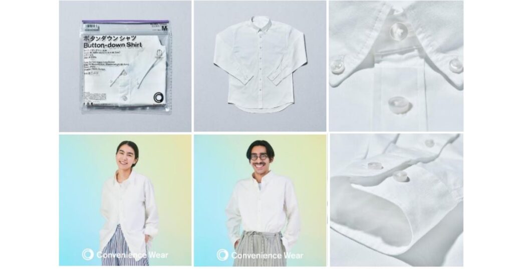 「Convenience Wear」の白いボタンダウンシャツのパッケージ、全体像、襟元・袖口のアップ、モデル着用カット(男女)をまとめた画像。